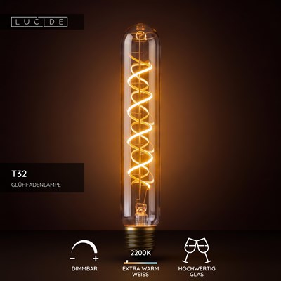 Lucide T32 - Glühfadenlampe - Ø 3,2 cm - LED Dim. - E27 - 1x4,9W 2200K - Amber